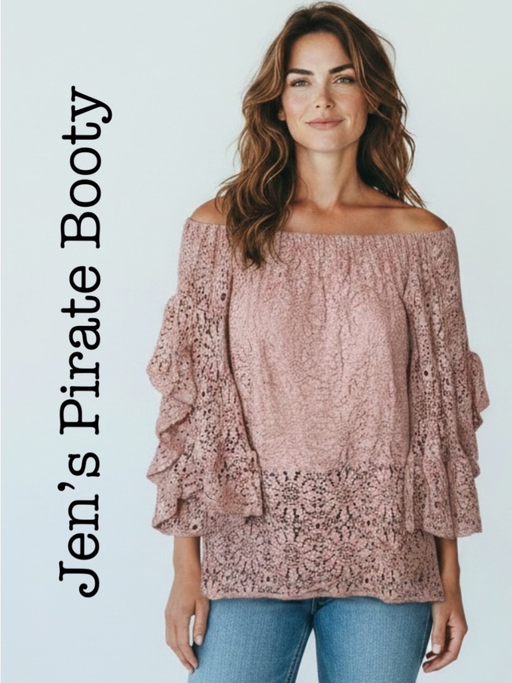 New Jens Pirate Booty Tan Lace Off-Shoulder Top Bell Sleeves Size Medium/Large